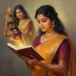 hyperrealistic painting of a beautiful young tamil woman holding a notebook while a woman and three men emerge out of the book like genies, detailed digital art, trending on artstation
