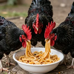 three big black roosters eating pasta out of a bowl
