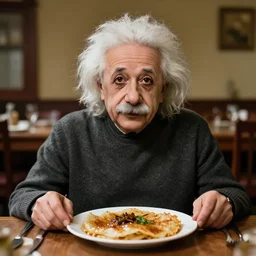 a portrait of albert einstein sitting at the dining table with a plate containing idiyappam in front of him, highly detailed, trending on artstation, bokeh, 9 0 mm, f / 1. 4