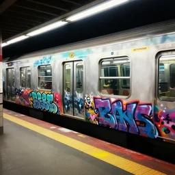 a subway station with a graffiti painted subway train, dramatic light, award winning, concept art, art station, in the style of inio asano
