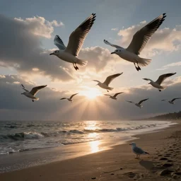 at dawn a flock of seagulls takes flight from the beach, early morning light, sunrise, dramatic lighting, cinematic