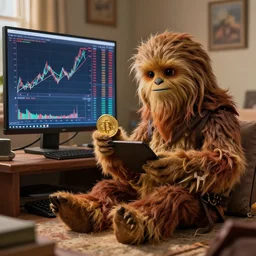 wookiee comfy at home trading crypto. the charts are at all time highs, painting by frank frazetta, 3 d rendering by beeple