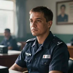 an ultra realistic, cinematic headshot portrait of a prison guard, sat in an office, deep focus, dreamy, dramatic lighting, by hendrik kerstens