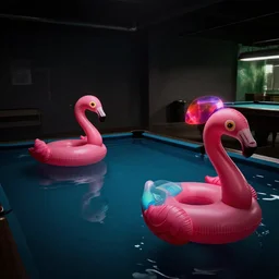 dark poolroom liminal space with pink flamingo floaties, liminal photography, bad lighting,
