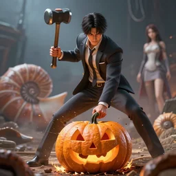 beautiful detailed fantasy korean man wearing a suit and smashing a pumpkin with a hammer, character portrait, epic fantasy, 3d with depth of field, blurred background, female, nautilus. A highly detailed epic cinematic concept art CG render. made in Maya, Blender and Photoshop, octane render, excellent composition, cinematic dystopian brutalist atmosphere, dynamic dramatic cinematic lighting, aesthetic, stylized, very inspirational, Koda Kazuma, Hayao Miyazaki, Tetsuya Nomura, Yusuke Murata