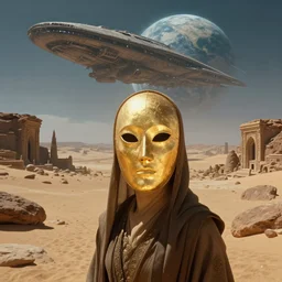 glowing bene gesserit in full - face golden mask in a dry rocky desert landscape with abandoned city beneath the sand and giant alien spaceship in the sky attacks the earth by christopher doyle and alejandro jodorowsky, anamorphic lens, kodakchrome, cinematic composition, very detailed photo, 8 k,