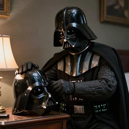 a a man dressed as darth vader without his helmet, taking off his helmet and placing it down on a nightstand after a long and exhausting day of work
