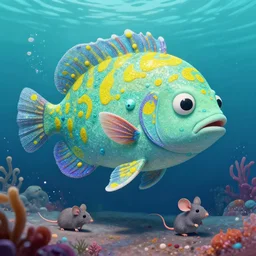 A psychedelic This sparkly monster looks like a goliath tiger fish and a mouse. It has a mint colored body with yellow colored bald spots, a nodule and a very long arm. It can be found in the ocean and is always found in small groups., vibrant color scheme, highly detailed, in the style of romanticism, cinematic, artstation, Moebius, Greg rutkowski