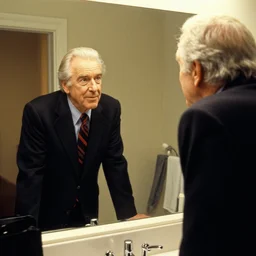 old david letterman looking at his bathroom mirror and seeing larry bud melman as his reflection