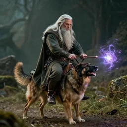 gandalf riding on a dog casting magic, photography, 8 k, cinematic