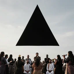 black triangle in the sky being worshipped, worshippers, award - winning photography