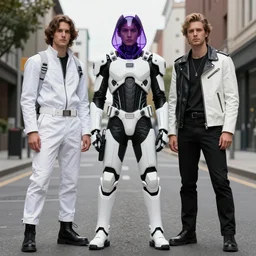cyborg ulzzang with white sci - fi tactical gear, black leather garment, purple transparent sci - fi hood, full shot fashion photography, on street, by irving penn and storm thorgerson, ren heng, peter elson
