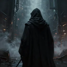 a painting of a cinematic keyframe of star wars a dark sith black hooded from behind in a dark dystopian cyperpunk city slums, heavy atmosphere and smoke by greg rutkowski, rule of thirds, golden ratio, ambient lighting, wlop, artgerm, artstation, highly detailed masterpiece, dark fantasy art, high detail, trending on artstation