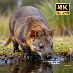 close up photo of a rare thylacine, drinking water from a lake in tasmania, bokeh, 1 0 0 mm lens, 4 k award winning nature photography