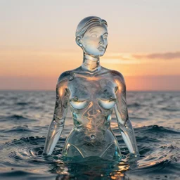 portrait woman made of glass emerging out of the ocean at sunset, realistic reflections, translucent body, ray tracing, 3 - d render, intricate details, masterpiece, style of timothy hogan