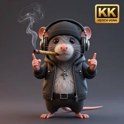 anthropomorphic furry gangster rat making hand signs, smoking a blunt, wearing headphones, 3d render, blender, 4k