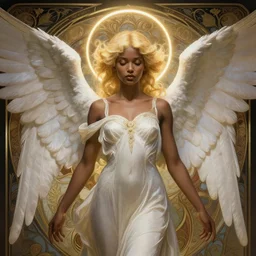 winged girl angel with blonde hair and glowing halo, dark skin, fantasy, intricate, elegant, highly detailed, digital painting, artstation, concept art, smooth, sharp focus, illustration, art by krenz cushart and artem demura and alphonse mucha