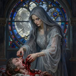 breathtaking detailed soft painting of grim reaper in gauze dress, with long hair and piercing eyes in bleeding meat, in an intricate medieval stained glass moon, rembrandt style, elegant, highly detailed, artstation, concept art, matte, sharp focus, art by tom bagshaw, luis royo and greg rutkowski