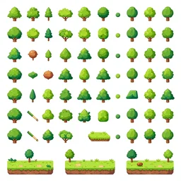 A game assets spritesheet by dofus by Jiyun Chae,   Lê Long .  HD vector Containing modular props,  terrain, trees, 2d side view, platform, vector art, very detailed