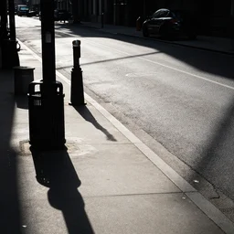 street scene in gotham city, hard contrasty shadow and light shafts, street, trash cans, telephone poles, cables, sidewalk, shop fronts, high sky scrapers in the background, sin city. global illumination, award winning cinematography