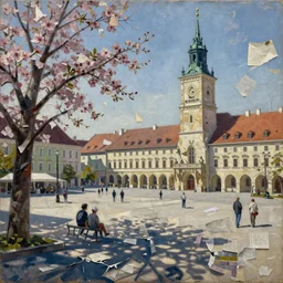 sunny spring day on the main square papa hungary, detailed, torn paper decollage, oil on canvas by edward hopper, ( by mattias adolfsson ),