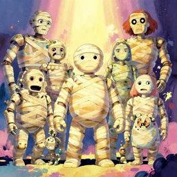 a vibrant emotional animation comic panel of mummified robots, studio ghibli, pixar and disney animation, sharp, disney concept art maximalist splatter paint illustration by shinji kimura and alphonse mucha and alena aenami, pastel color palette, bloom!!, dramatic lighting