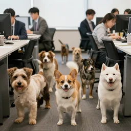 a group of dogs work like people in the office