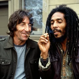 happy john lennon smoking a joint with bob Marley, photograph by Willy Spiller, 1970s