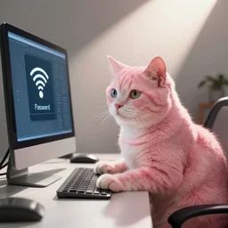 a pink cat working at a computer, changing the wifi password