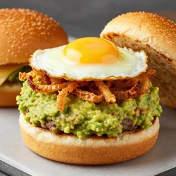 vegan hamburger with guacamole topping crispy fried onion topping and fried egg topping, crispy buns, side view, 3 toppings, 8 k resolution, studio lighting, sharp focus, hyper - detailed