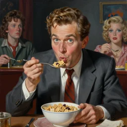 a photorealistic highly detailed painting of a vintage 1 9 5 0's game show host eating cereal with a fork by johfra bosschart, lisa frank, kinkade, visionary art, dark fantasy art, high detail, trending on artstation