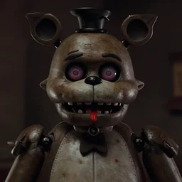 freddy fazbear from five nights at freddy's looking straight at a camera with a blank stare ( high detailed, great quality, creepy and unsettling, found footage )