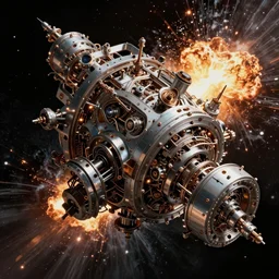 intricate machine in space, explosions, high contrast, art by mark cooper, 8 k, hyper detailed, hdr, intricate, masterpiece
