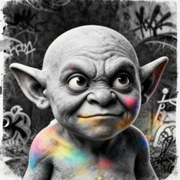 detailed closeup portrait of grey cute goblin looking funny, in the style of rob lefield and dan mumford, epic gradient, by atey ghailan, by greg rutkowski, by greg tocchini, by james gilleard, by joe fenton, by kaethe butcher, gradient neon rainbow, black and white color scheme, grunge aesthetic, graffiti tag