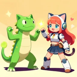 magical cat lizard fight with robot cat girl, trending