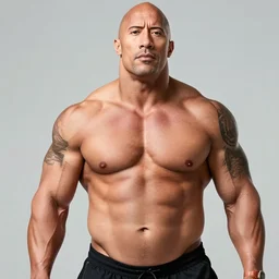obese dwayne johnson no muscles holds exposed big belly for camera, looks at the camera