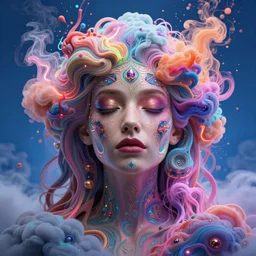 a gorgeous girl engulfed in colorful liquid clouds and neon smoke, extremely psychedelic experience, psilocybin, dmt, lsd face, highly detailed, artstation, concept art, blue background, digital art by hana yata, and artem demura and beeple, alphonse mucha, octane render, unreal engine, 8 k