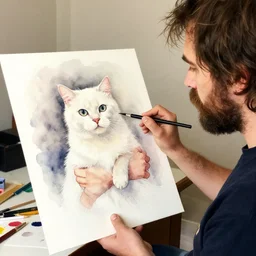 a photo of a man with a mustache and shaggy hair holding a white cat painting a watercolor painting of himself painting the painting of himself, 8 k 8 5 mm f 5. 6