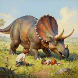 beautiful painting of kids playing around a sleeping triceratops, by james gurney, very detailed, 4 k, high quality