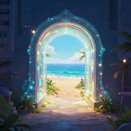 a photo of a magical glowing portal in the middle of a city that leads to a beach, through the portal you can see a beach