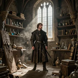 dennis hopper as a medieval nobleman, standing on the side of a big medieval shop with boards full of books, flasks, glas, trinkets, and other stuff, dust suspended in a sunbeam from a tall medieval window, trending on artstation, artwork in style of peter mohrbacher, unreal engine, octane render, intricate details, 8k high definition, beauriful, ornate, hyperrealistic