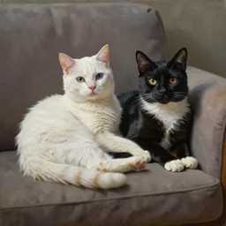 a white cat and a tuxedo cat lounging on a sofa, still life, matte oil painting by james gurney, detailed, hyperrealistic, intricate, volumetric lighting