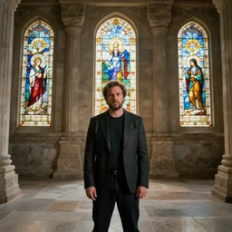 jonah hill posing in a mysterious temple. ancient stainedglass windows. sharp focus ; highly detailed. wide - angle candid accurate hq relaxed pose bw photography 1 3 0 mm award - winning hd