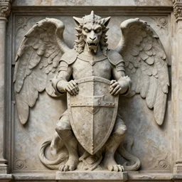 a detailed full body portrait gargoyle guardian with wings in stone, knight, relief statue, holding shield, symmetry, symmetrical, by greg rutkowski and justin gerard, digital art, monstrous, art nouveau, baroque style, realistic painting, very detailed, fantasy, dnd, character design, trending on artstation
