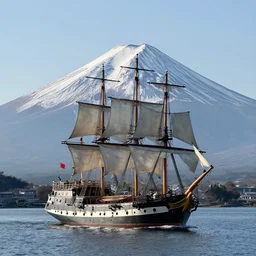a photograph of a galleon ship sailing in a lake. mount fuji in the background. realistic. hq. photoreal. zeiss lens. detailed.