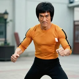a still of bruce lee cosplaying as a real life goku from dbz