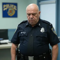 portrait of old, fat, bald, police chief lorenzo, looking sad and alone in a police station