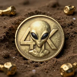 An alien coin found buried with other treasure, 4K render, ultra-high resolution