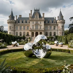 giant Italian modern castle formal garden with a modern stainless steel organic shaped modern sculptures with mirror finish by Tony Cragg, photo by Annie Leibovitz