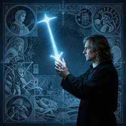 album art priest casting divine spacesword spell , in the style of Greg Broadmore and Arthur Rackham and Moebius,trending on artstation, light lighting side view,digital art,surrealism ,macro,blueprint ,vaporwave ,